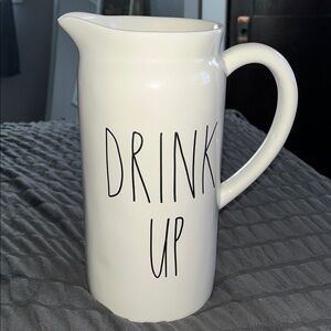 Rae Dunn, White Ceramic Pitcher with 'Drink Up' Design